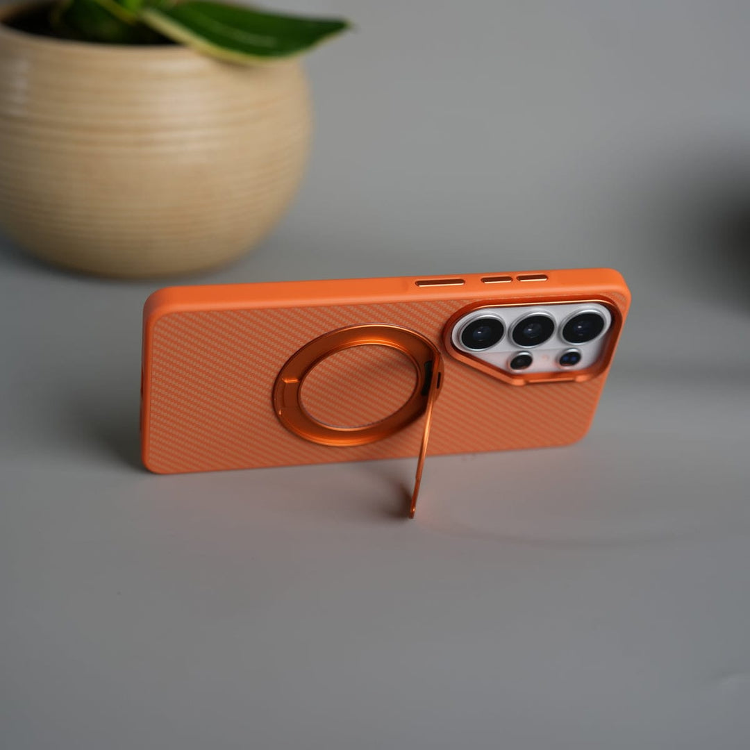 FRATO Samsung S26 Ultra Galaxy S26 Ultra Carbon Textured Metal Camera Ring and Rotating Kick Stand Case