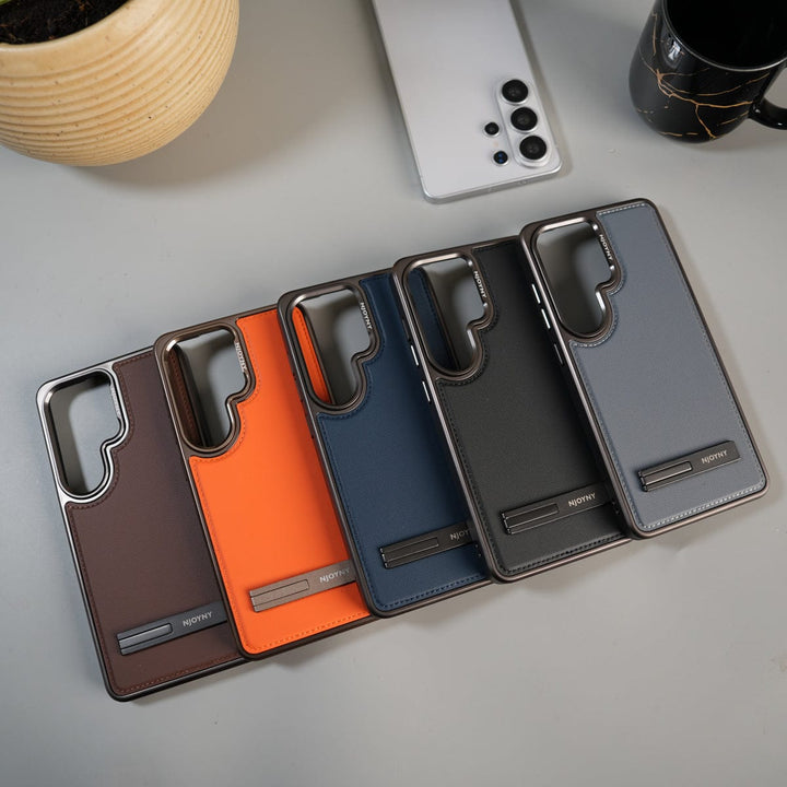 FRATO Samsung S26 Ultra Galaxy S26 Ultra Leather Mate Chrome Plated Kick Stand Case Cover