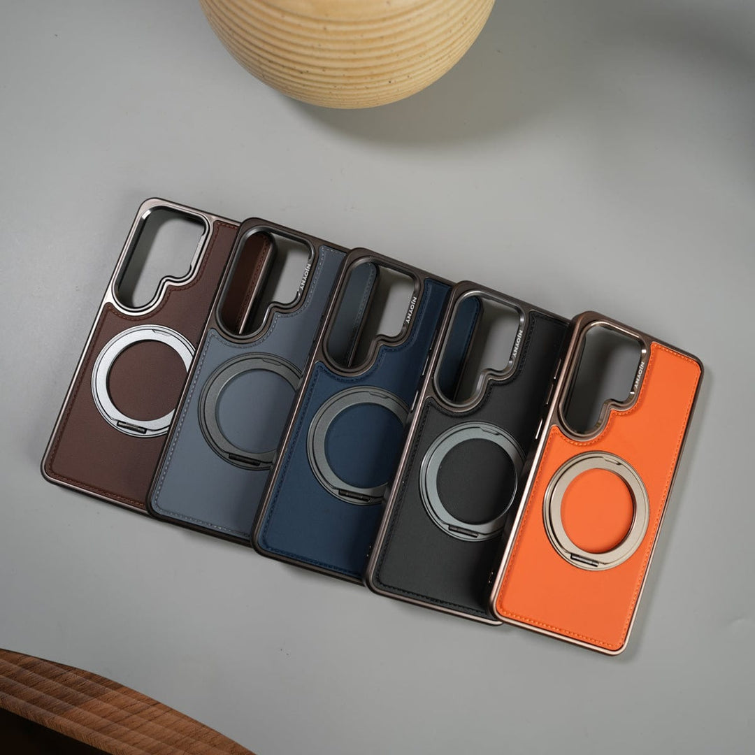 FRATO Samsung S26 Ultra Galaxy S26 Ultra Leather Mate Chrome Plated Rotating Stand Case Cover