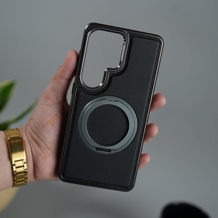 FRATO Samsung S26 Ultra Galaxy S26 Ultra Leather Mate Chrome Plated Rotating Stand Case Cover