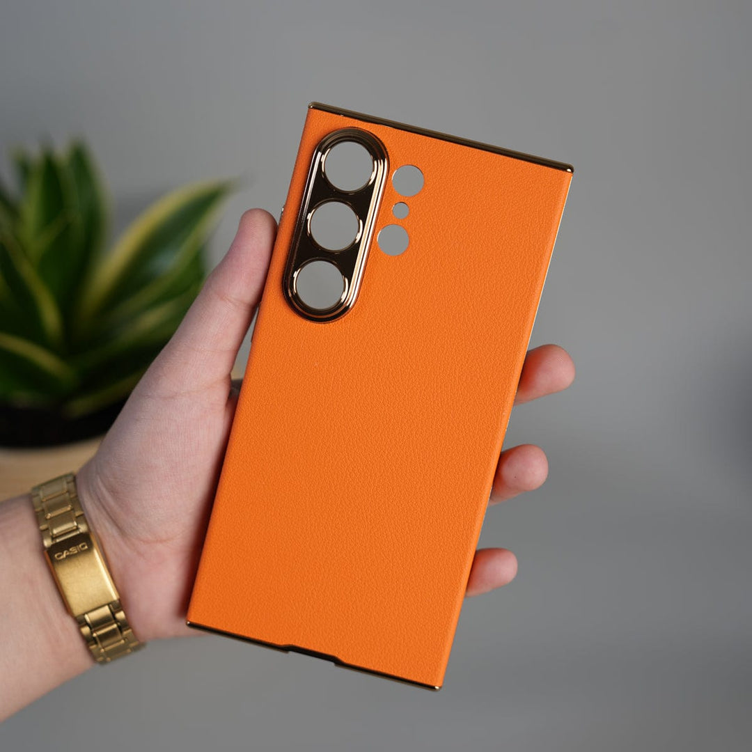 FRATO Samsung S26 Ultra Galaxy S26 Ultra Premium PU Leather Case | Slim Chrome Finish Back Cover with Camera Protection | Orange