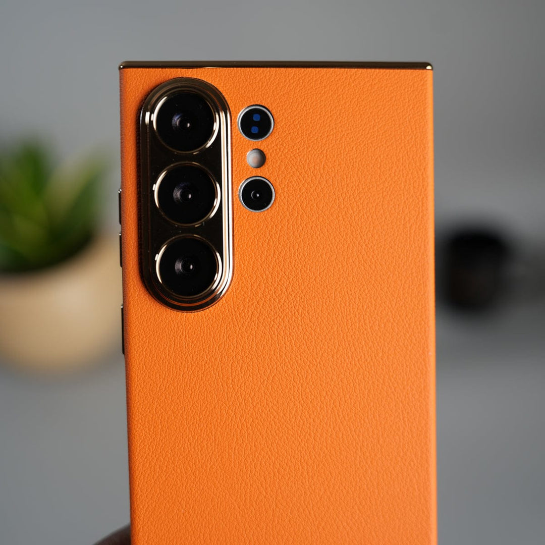 FRATO Samsung S26 Ultra Galaxy S26 Ultra Premium PU Leather Case | Slim Chrome Finish Back Cover with Camera Protection | Orange