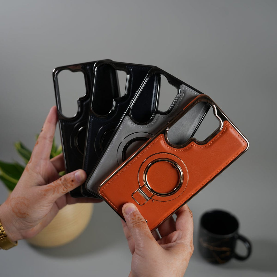 FRATO Samsung S26 Ultra Galaxy S26 Ultra PU Leather Chrome Side Case With Ring Metal Stand