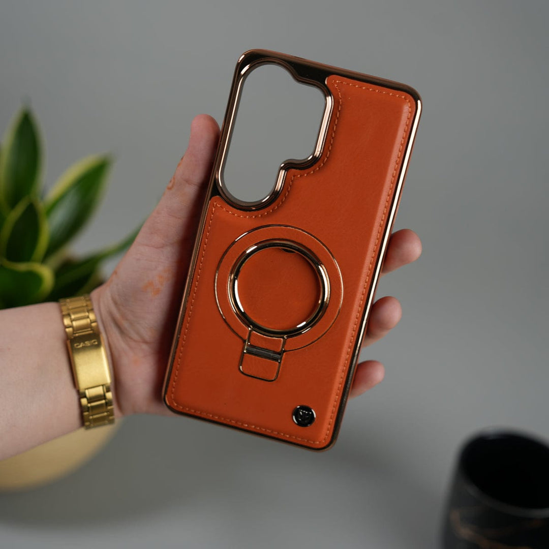 FRATO Samsung S26 Ultra Galaxy S26 Ultra PU Leather Chrome Side Case With Ring Metal Stand