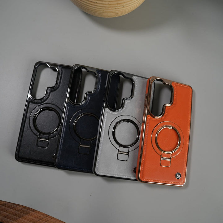 FRATO Samsung S26 Ultra Galaxy S26 Ultra PU Leather Chrome Side Case With Ring Metal Stand