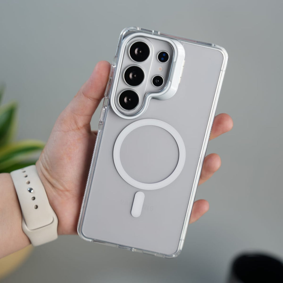 FRATO Samsung S26 Ultra Galaxy S26 Ultra Transparent MagSafe Cover With Metal Camera Bump Kick Stand (White)