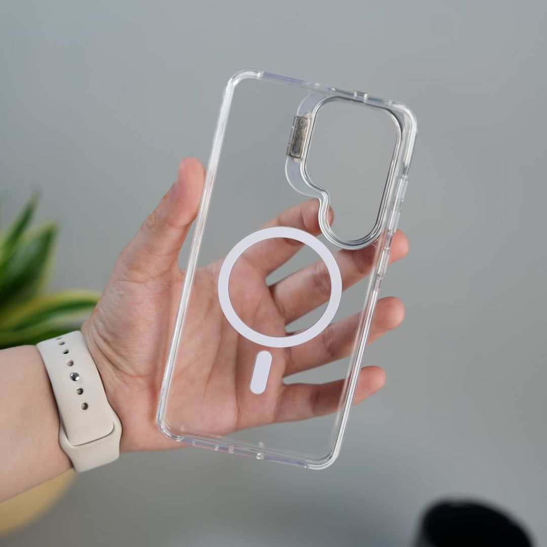 FRATO Samsung S26 Ultra Galaxy S26 Ultra Transparent MagSafe Cover With Metal Camera Bump Kick Stand (White)