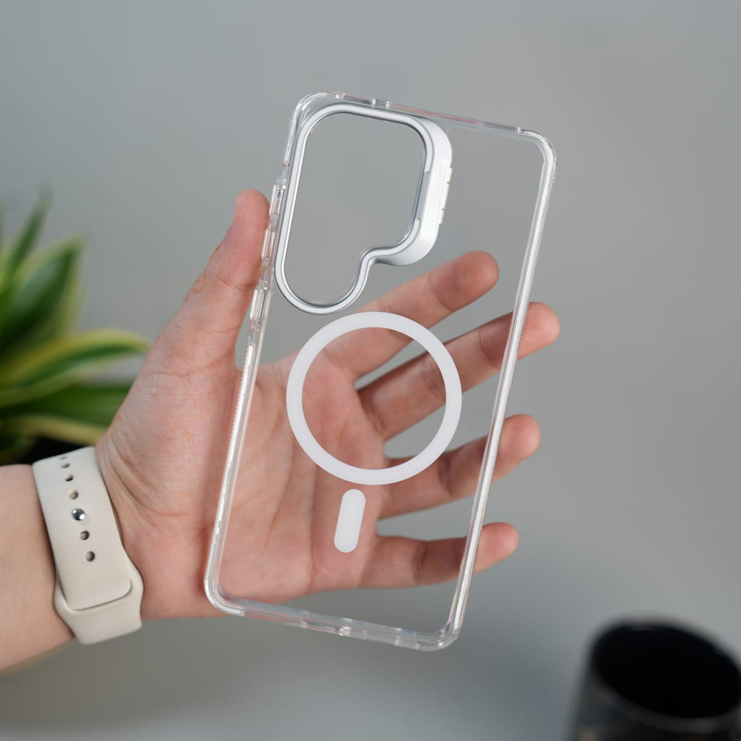 FRATO Samsung S26 Ultra Galaxy S26 Ultra Transparent MagSafe Cover With Metal Camera Bump Kick Stand (White)