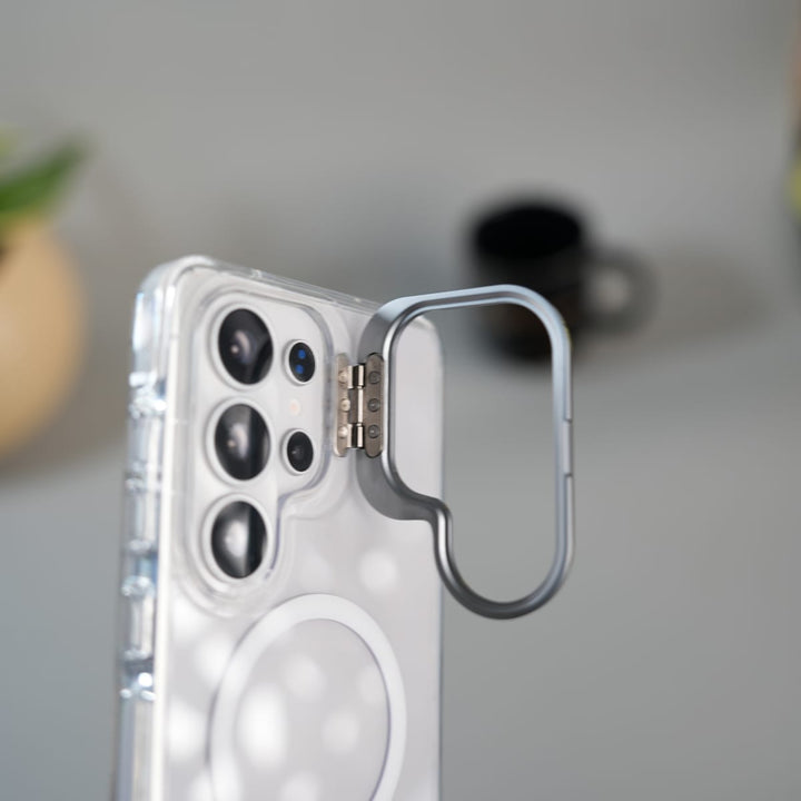 FRATO Samsung S26 Ultra Galaxy S26 Ultra Transparent MagSafe Cover With Metal Camera Bump Kick Stand (White)