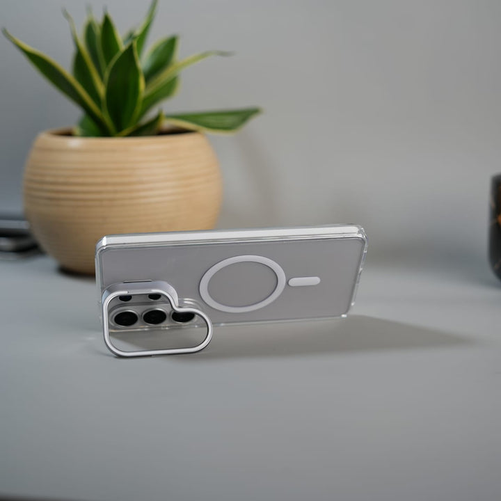 FRATO Samsung S26 Ultra Galaxy S26 Ultra Transparent MagSafe Cover With Metal Camera Bump Kick Stand (White)