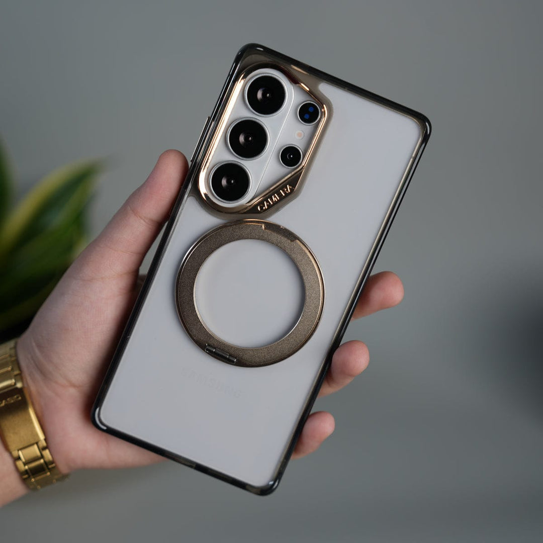 FRATO Samsung S26 Ultra Gold Galaxy S26 Ultra Magnetic Clear Case with Metal Ring Stand | Transparent Shockproof Cover