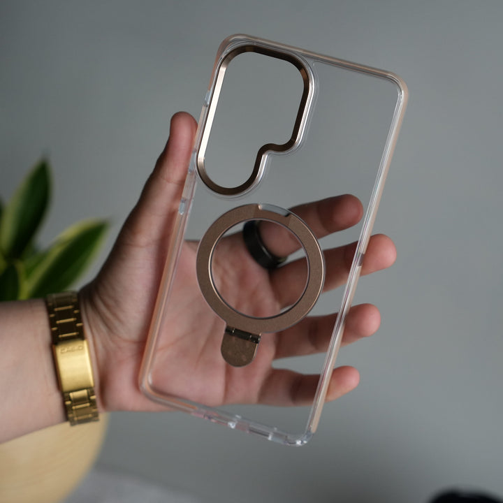 FRATO Samsung S26 Ultra Golden Galaxy S26 Ultra Clear MagSafe Kickstand Case | Transparent Shockproof Slim Cover with Metal Ring Stand