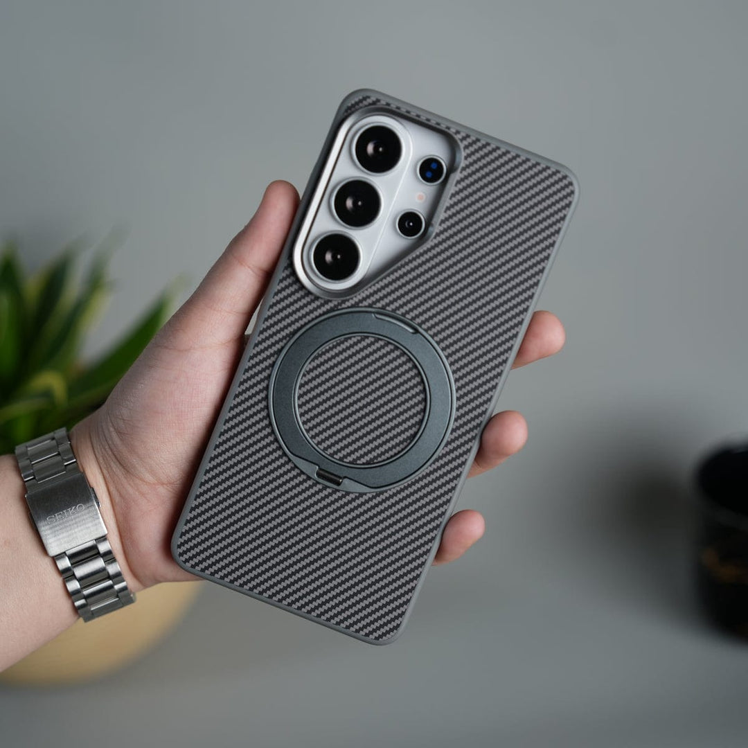 FRATO Samsung S26 Ultra Gray Galaxy S26 Ultra Carbon Textured Metal Camera Ring and Rotating Kick Stand Case