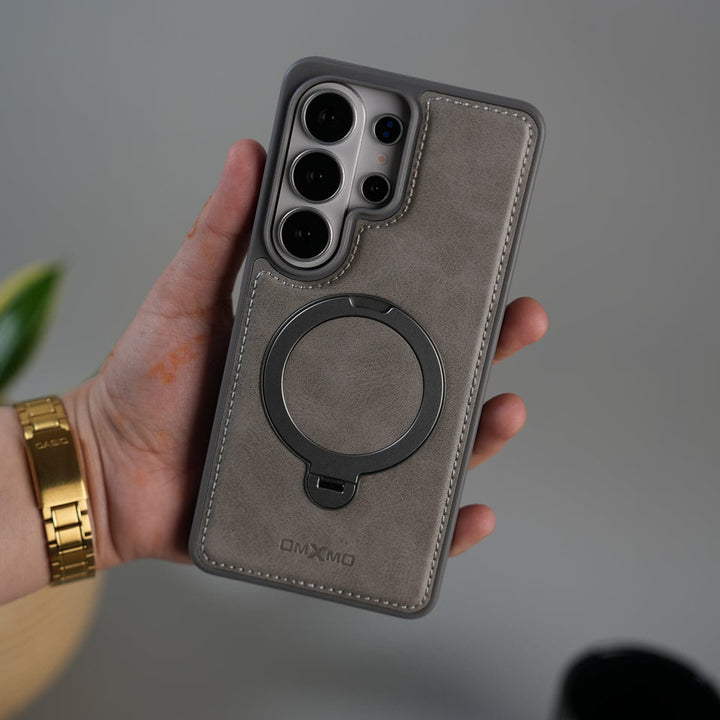 FRATO Samsung S26 Ultra Gray Galaxy S26 Ultra Leather Case | Luxury Metal Ring Stand Back Cover | Shockproof Protective Case