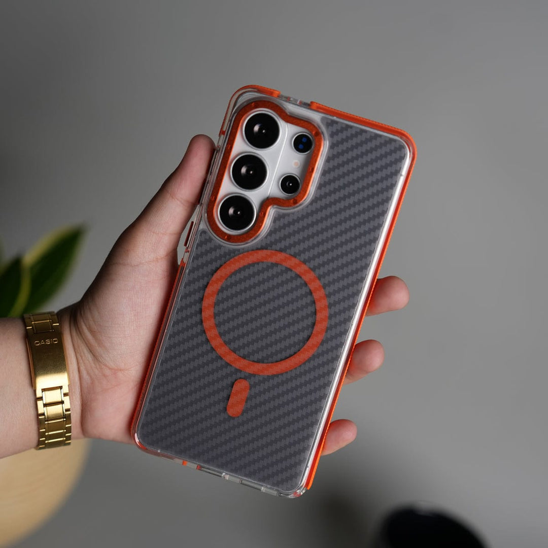 FRATO Samsung S26 Ultra Orange Galaxy S26 Ultra Carbon Texture Transparent Metal Camera Ring MagSafe Cover