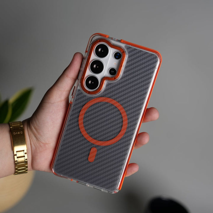 FRATO Samsung S26 Ultra Orange Galaxy S26 Ultra Carbon Texture Transparent Metal Camera Ring MagSafe Cover