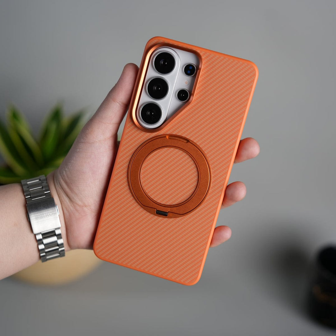 FRATO Samsung S26 Ultra Orange Galaxy S26 Ultra Carbon Textured Metal Camera Ring and Rotating Kick Stand Case
