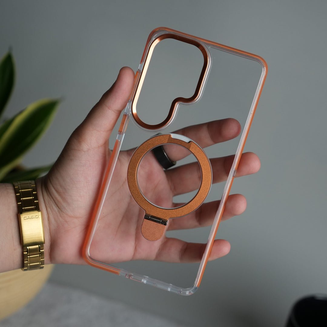 FRATO Samsung S26 Ultra Orange Galaxy S26 Ultra Clear MagSafe Kickstand Case | Transparent Shockproof Slim Cover with Metal Ring Stand