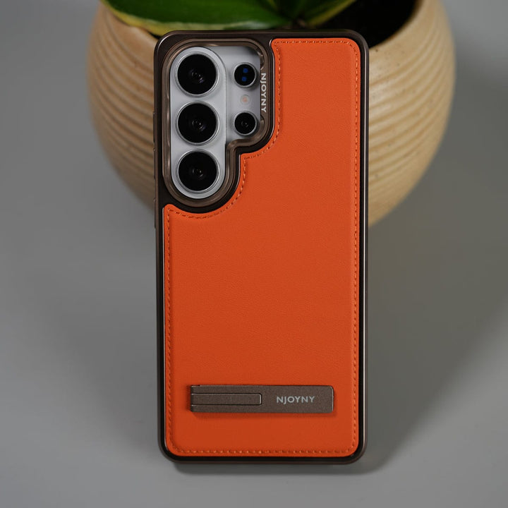 FRATO Samsung S26 Ultra Orange Galaxy S26 Ultra Leather Mate Chrome Plated Kick Stand Case Cover