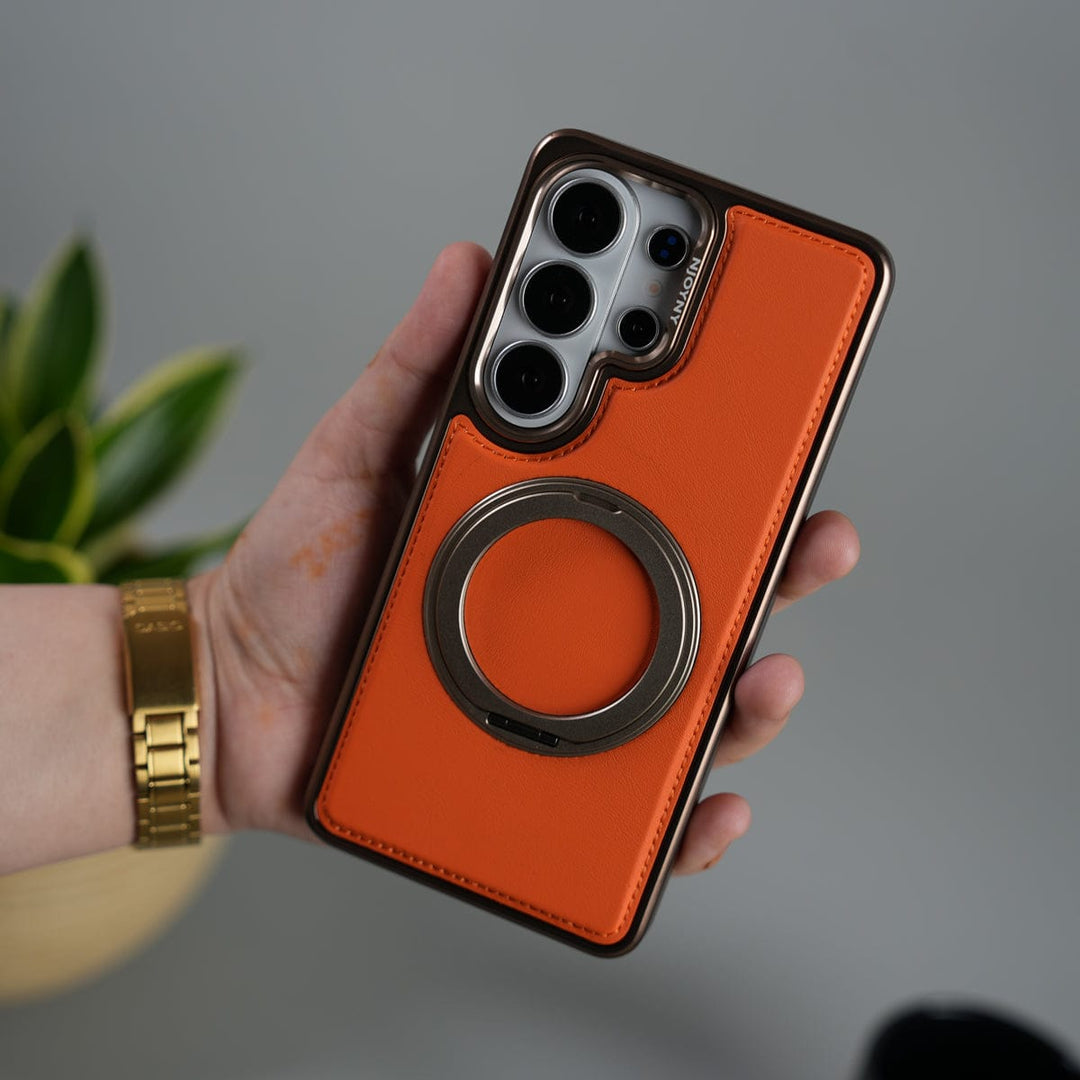 FRATO Samsung S26 Ultra Orange Galaxy S26 Ultra Leather Mate Chrome Plated Rotating Stand Case Cover
