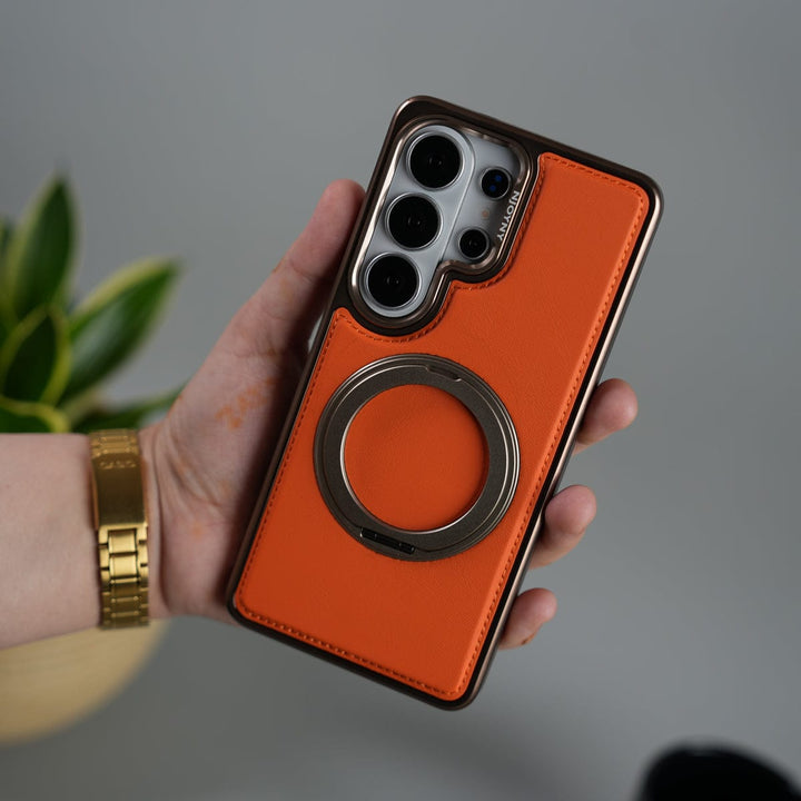 FRATO Samsung S26 Ultra Orange Galaxy S26 Ultra Leather Mate Chrome Plated Rotating Stand Case Cover