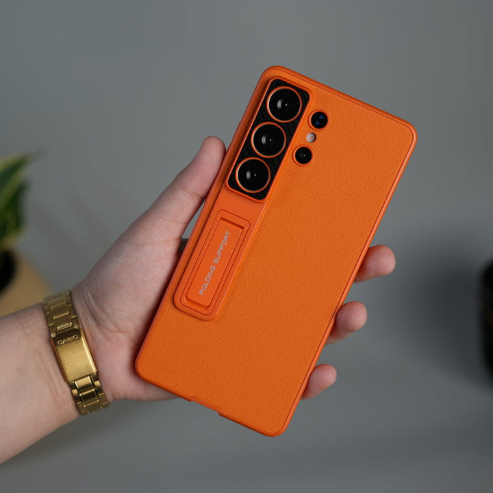 FRATO Samsung S26 Ultra Orange Galaxy S26 Ultra Leather Texture Case with Folding Stand &amp; Camera Protection | Shockproof Slim Cover