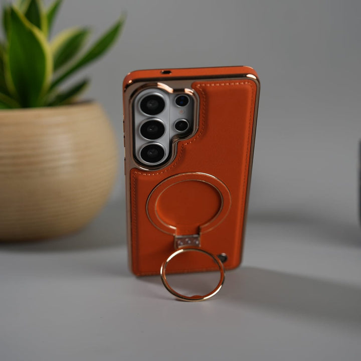 FRATO Samsung S26 Ultra Orange Galaxy S26 Ultra PU Leather Chrome Side Case With Ring Metal Stand