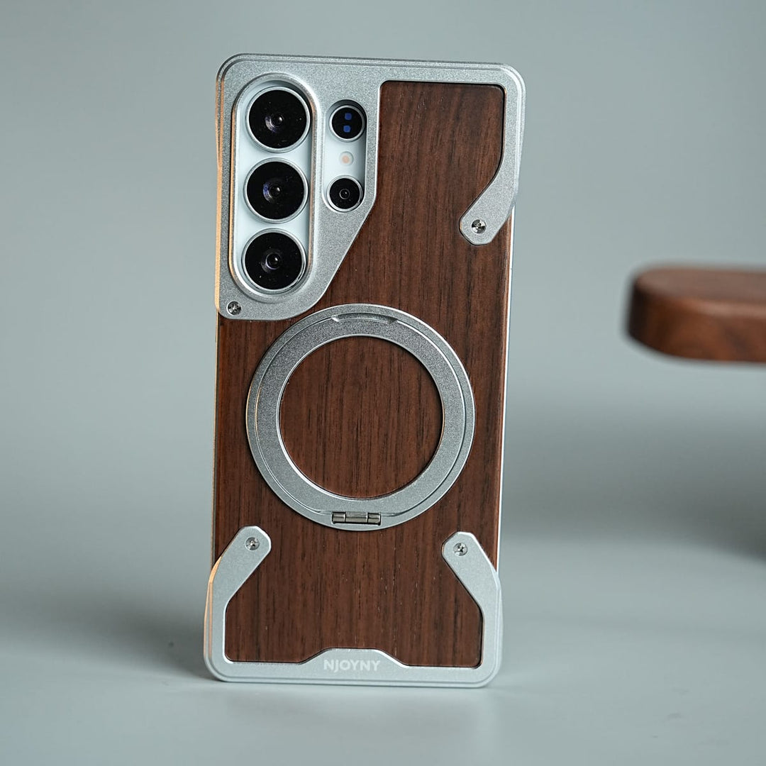 FRATO Samsung S26 Ultra Silver Frameless Wooden Aluminium Case for Samsung Galaxy S26 Ultra | Premium Metal Rotating Stand | Shockproof Luxury Wood Back Cover