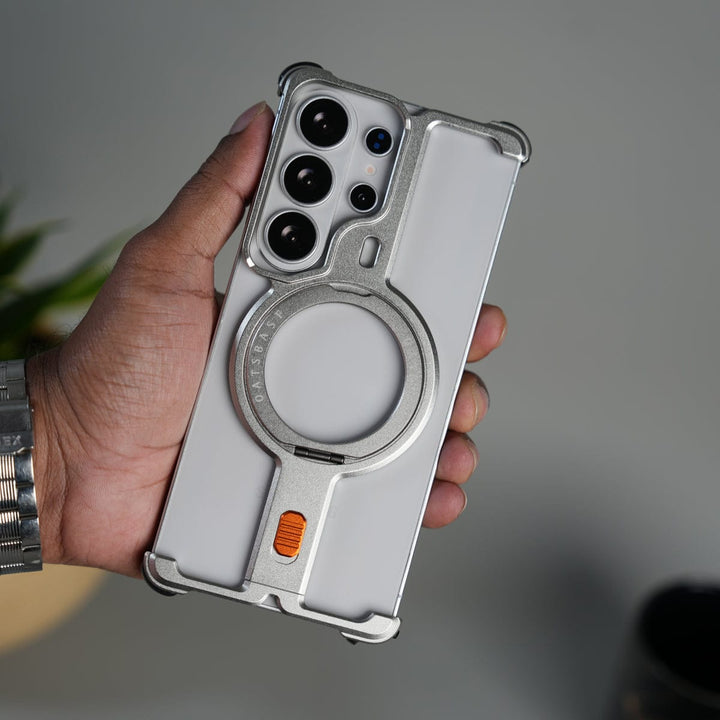 FRATO Samsung S26 Ultra Silver Galaxy S26 Ultra Aluminium Metal Frame Rotating Kickstand Case