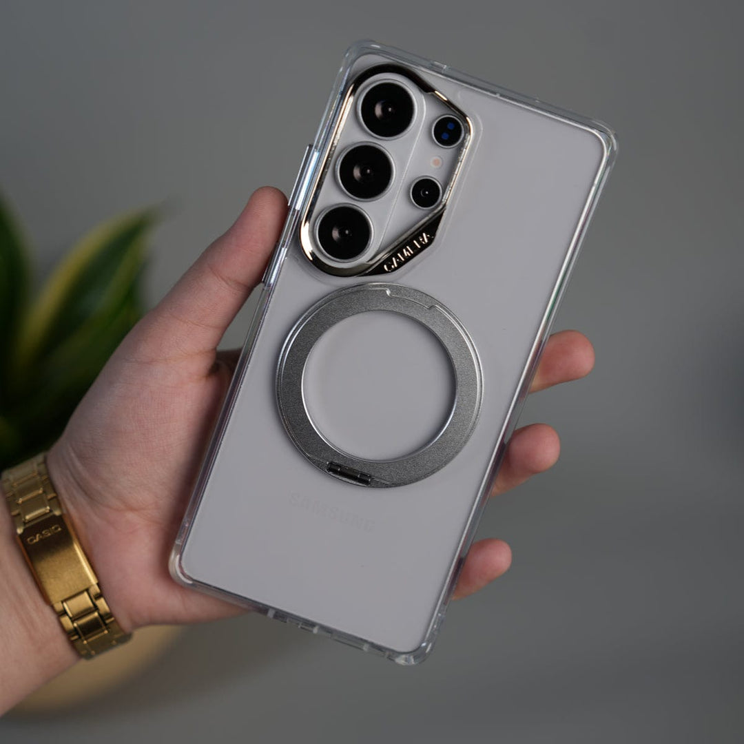FRATO Samsung S26 Ultra Silver Galaxy S26 Ultra Magnetic Clear Case with Metal Ring Stand | Transparent Shockproof Cover