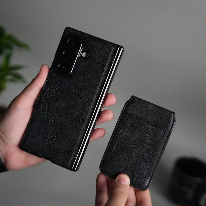 FRATO Samsung Z Fold 7 Glass Black Galaxy Z Fold 7 Magnetic PU Leather Flip Kickstand Credit Wallet Card Holder Slots Covers