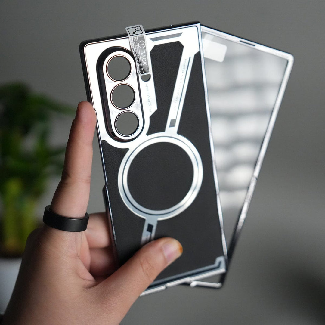FRATO Samsung Z Fold 7 Glass Black Galaxy Z Fold 7 Z Shape Electroplated Magnetic PU Leather Wireless Charging Case Cover