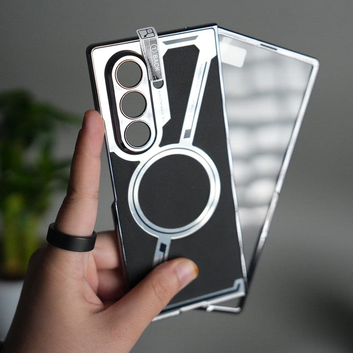 FRATO Samsung Z Fold 7 Glass Black Galaxy Z Fold 7 Z Shape Electroplated Magnetic PU Leather Wireless Charging Case Cover