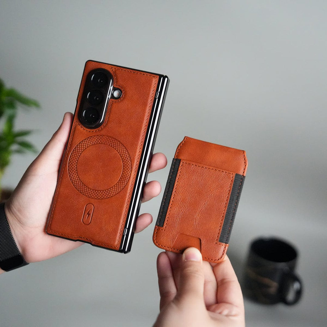 FRATO Samsung Z Fold 7 Glass Brown Galaxy Z Fold 7 Magnetic PU Leather Flip Kickstand Credit Wallet Card Holder Slots Covers