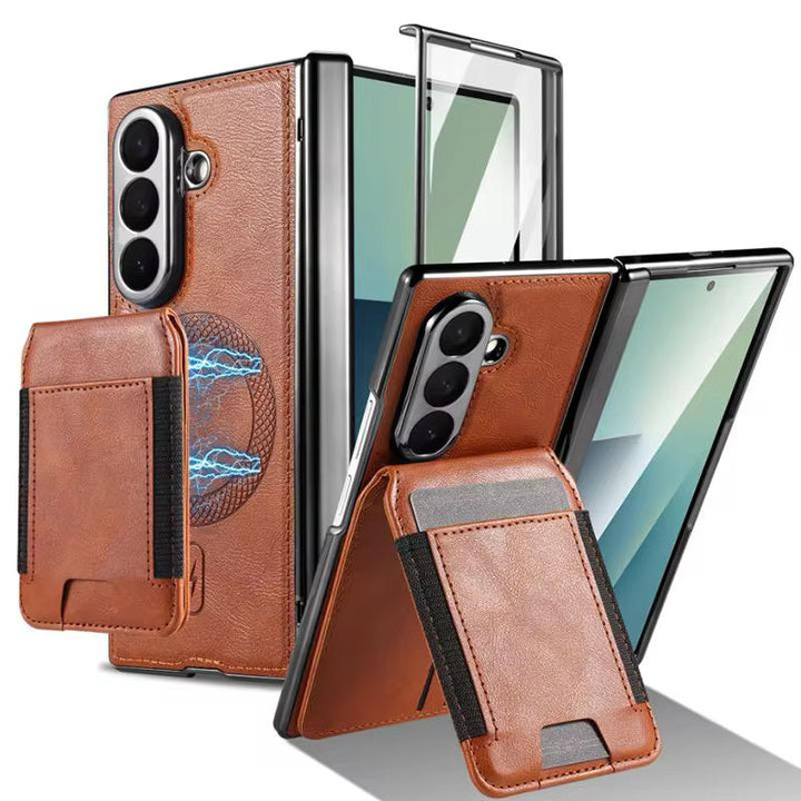 FRATO Samsung Z Fold 7 Glass Galaxy Z Fold 7 Magnetic PU Leather Flip Kickstand Credit Wallet Card Holder Slots Covers