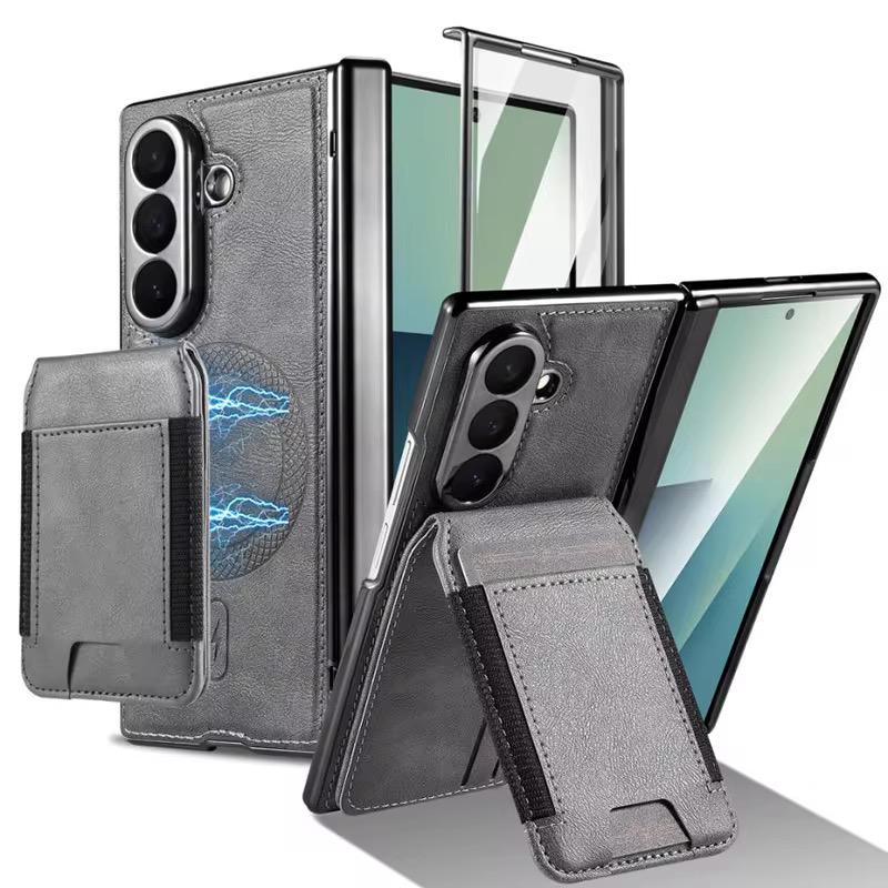 FRATO Samsung Z Fold 7 Glass Galaxy Z Fold 7 Magnetic PU Leather Flip Kickstand Credit Wallet Card Holder Slots Covers