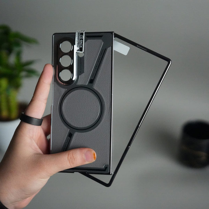 FRATO Samsung Z Fold 7 Glass Galaxy Z Fold 7 Z Shape Electroplated Magnetic PU Leather Wireless Charging Case Cover