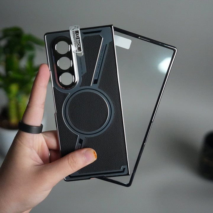 FRATO Samsung Z Fold 7 Glass Galaxy Z Fold 7 Z Shape Electroplated Magnetic PU Leather Wireless Charging Case Cover