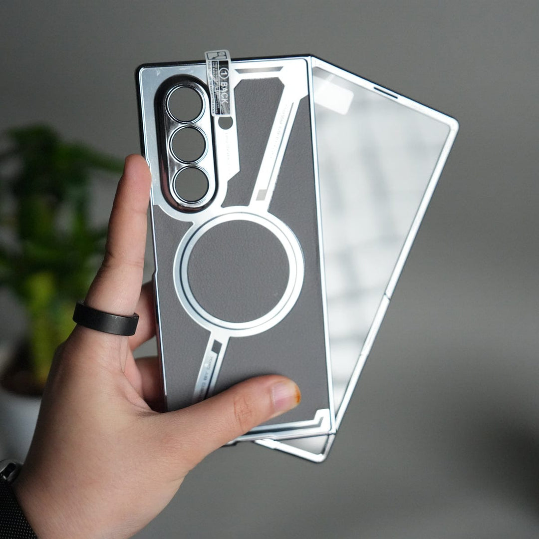 FRATO Samsung Z Fold 7 Glass Gray Galaxy Z Fold 7 Z Shape Electroplated Magnetic PU Leather Wireless Charging Case Cover