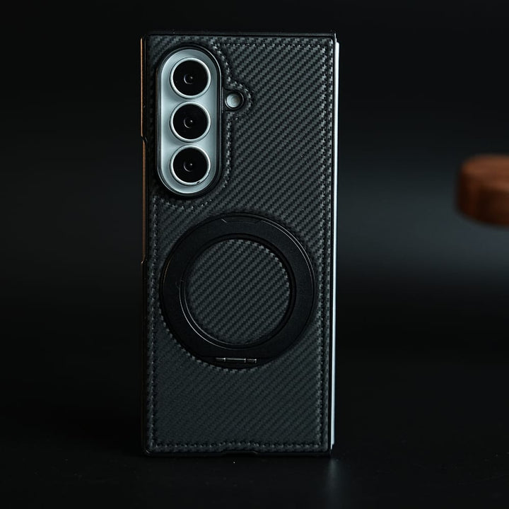 FRATO Z Fold 8 Series Black Carbon Fiber Texture Case for Samsung Galaxy Z Fold 8 Ultra | Rotating Metal Ring Stand Protective Cover