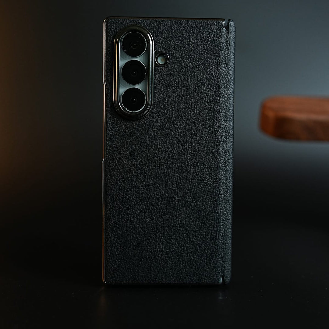 FRATO Z Fold 8 Series Black Leather Chrome Plated Case with Front Glass Protection For Samsung Galaxy Z Fold 8 Ultra | Premium Textured Finish