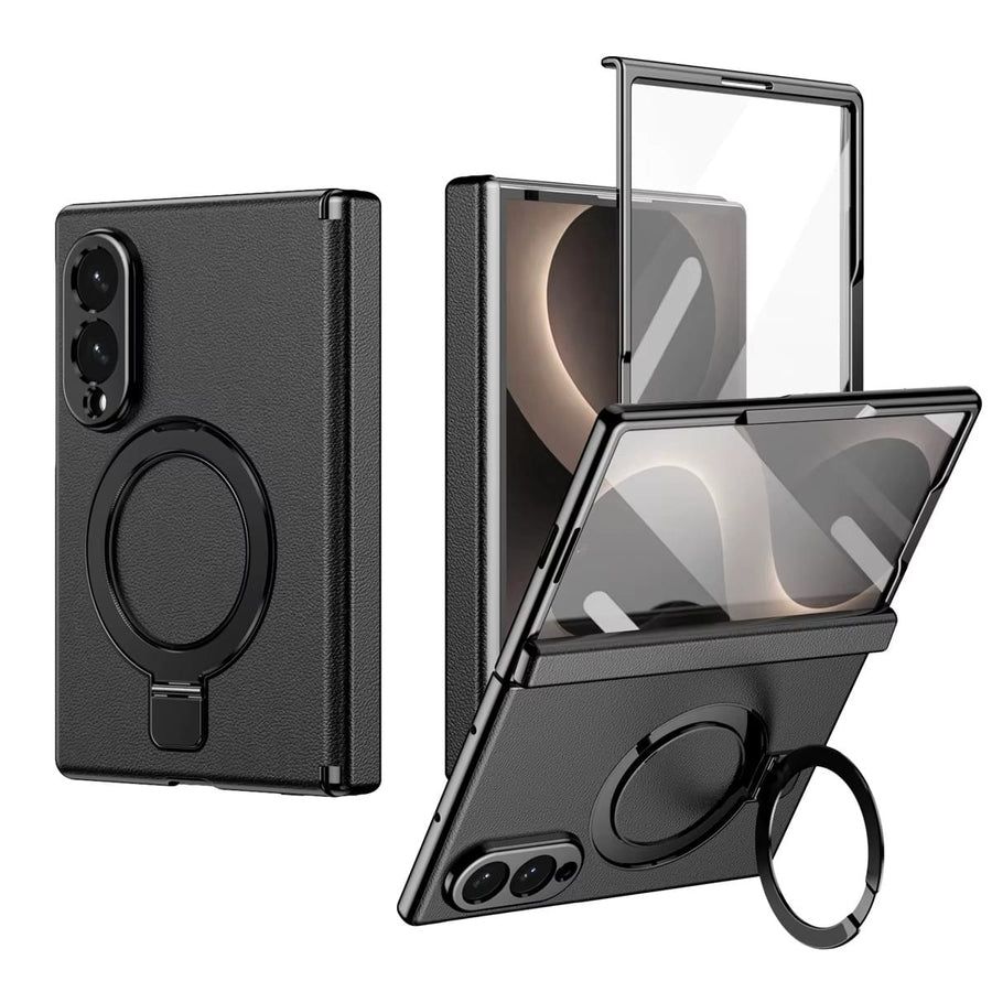 FRATO Z Fold 8 Series Black Leather Texture Magnetic Ring Stand Case for Samsung Galaxy Z Fold 8 | Front Glass Cover