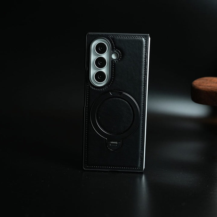 FRATO Z Fold 8 Series Black Leather Texture Stitched Case for Galaxy Z Fold 8 Ultra | Foldable Ring Stand