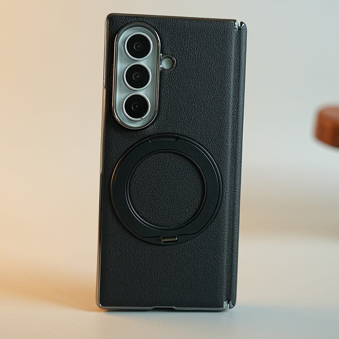 FRATO Z Fold 8 Series Black PU Leather Case with 360° Rotating Stand Case For Samsung Galaxy Z Fold 8 Ultra | Front Glass Protection Cover