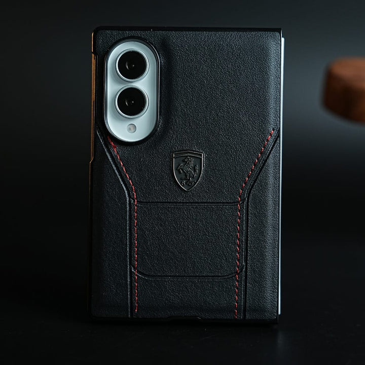 FRATO Z Fold 8 Series Black Racing-Inspired Leather-Texture Case for Samsung Galaxy Z Fold 8 | Sporty Stitching &amp; Shield Emblem Design