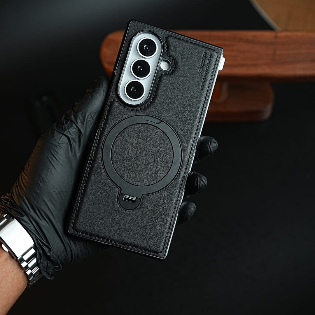 FRATO Z Fold 8 Series Black Stitched Leather Texture Case for Galaxy Z Fold 8 Ultra | Ring Stand and Front Frame