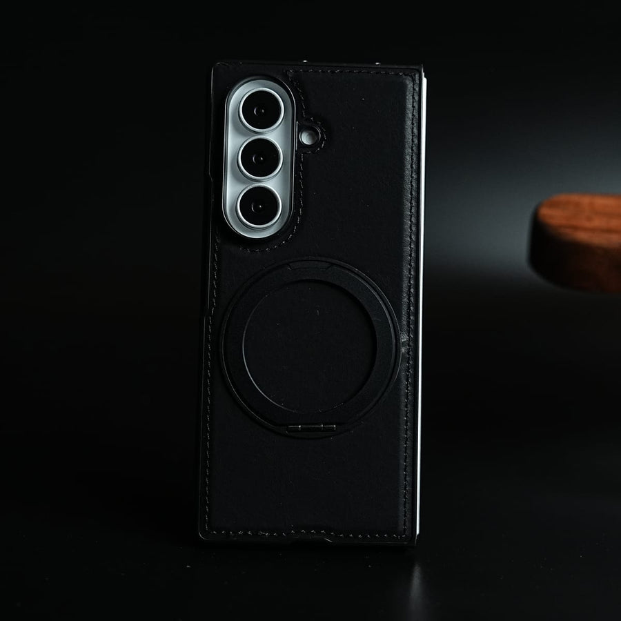 FRATO Z Fold 8 Series Black Stitched Leather Texture Cover for Galaxy Z Fold 8 Ultra | Metal Ring Stand Case