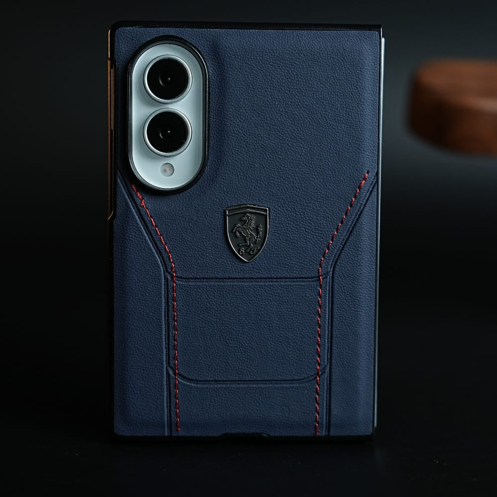 FRATO Z Fold 8 Series Blue Racing-Inspired Leather-Texture Case for Samsung Galaxy Z Fold 8 | Sporty Stitching &amp; Shield Emblem Design