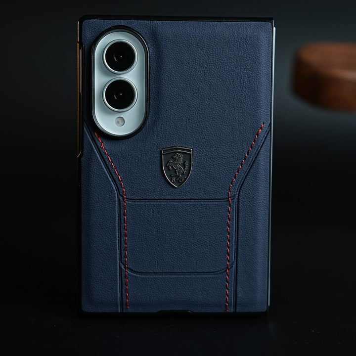FRATO Z Fold 8 Series Blue Racing-Inspired Leather-Texture Case for Samsung Galaxy Z Fold 8 | Sporty Stitching &amp; Shield Emblem Design