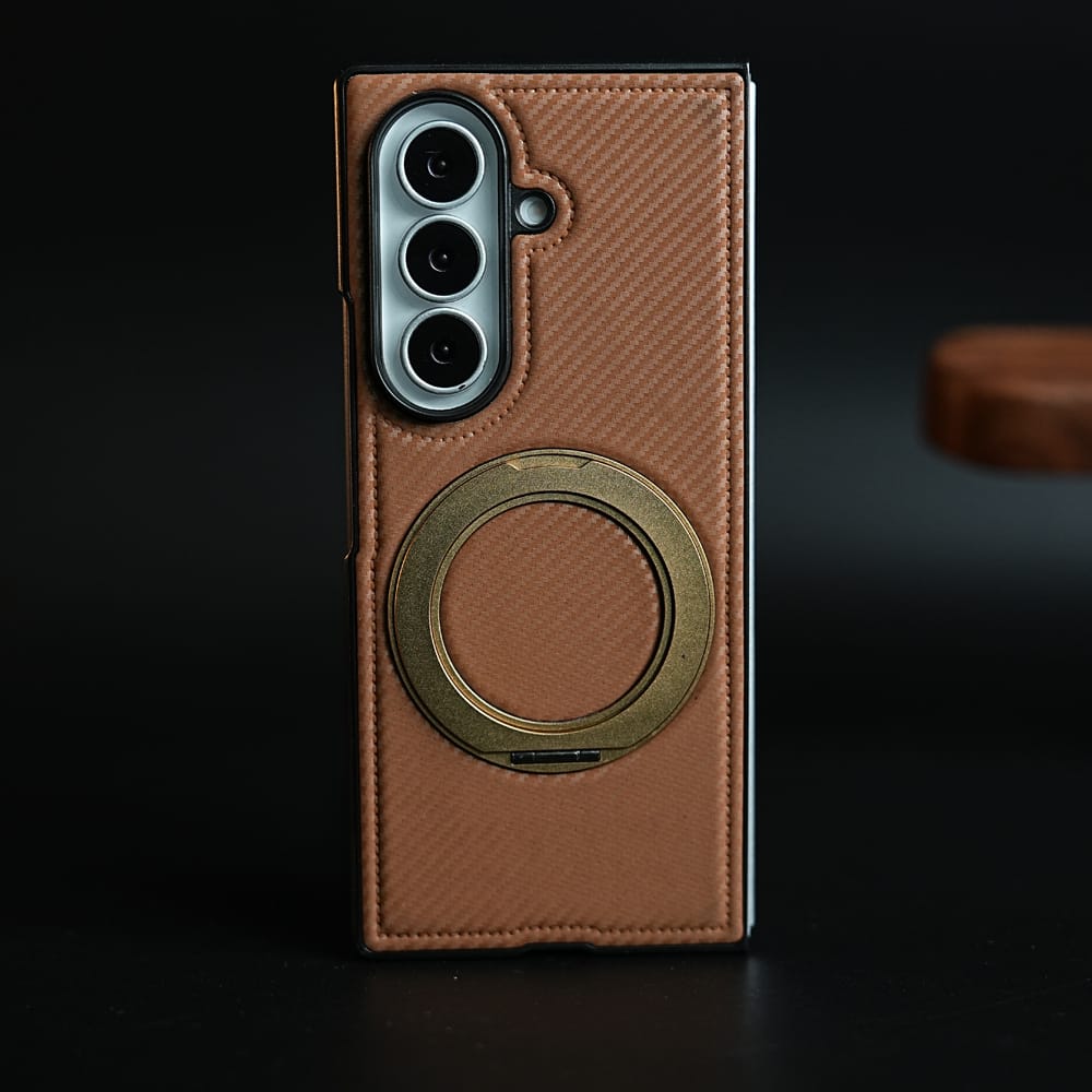 FRATO Z Fold 8 Series Brown Carbon Fiber Texture Case for Samsung Galaxy Z Fold 8 Ultra | Rotating Metal Ring Stand Protective Cover